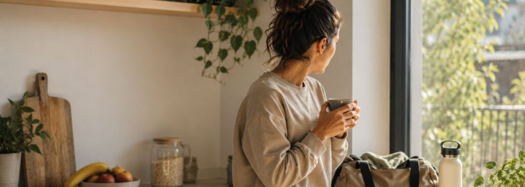Mujer sosteniendo una taza en la cocina mientras mira por la ventana.