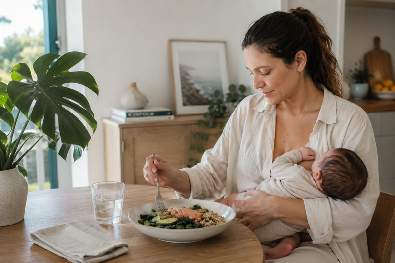 Alimentación en el posparto: madre comiendo un plato de verduras, cereales y pescado con su bebé en brazos.