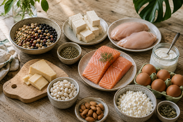 Variedad de alimentos ricos en proteínas animales y vegetales, como pescado, pollo, huevos, lácteos, tofu y legumbres.