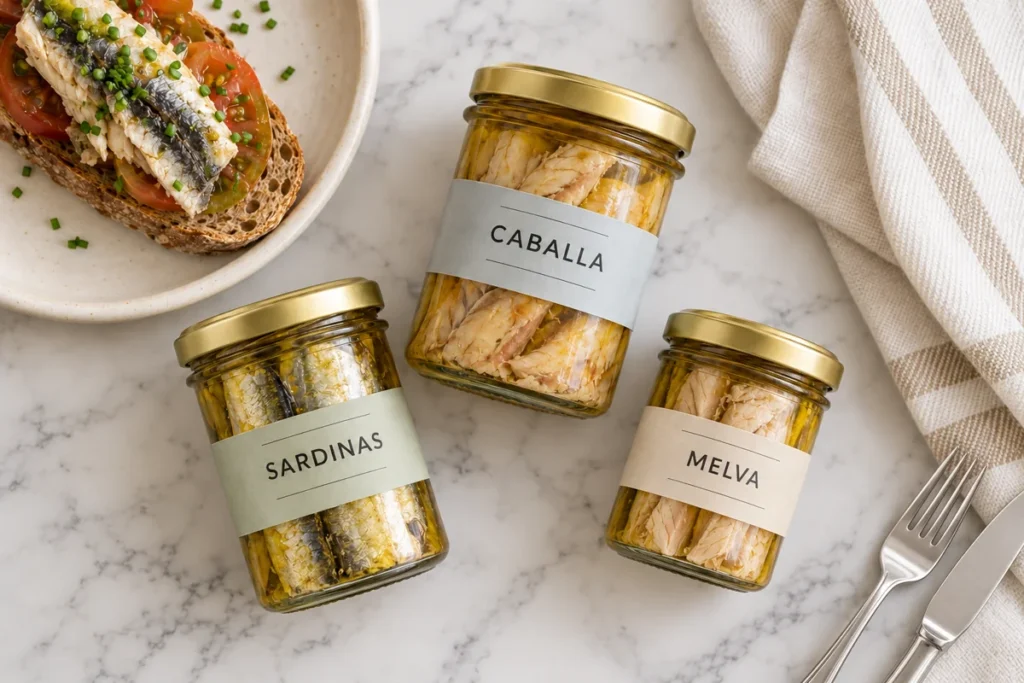 Botes de sardinas, caballa y melva en aceite de oliva junto a una tostada con pescado y tomate.