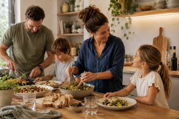 Familia preparando una comida con verduras en la cocina.