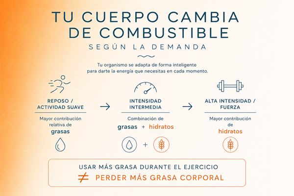 Infografía sobre cómo el cuerpo utiliza principalmente grasas en reposo y aumenta el uso de hidratos de carbono a medida que se intensifica el ejercicio.