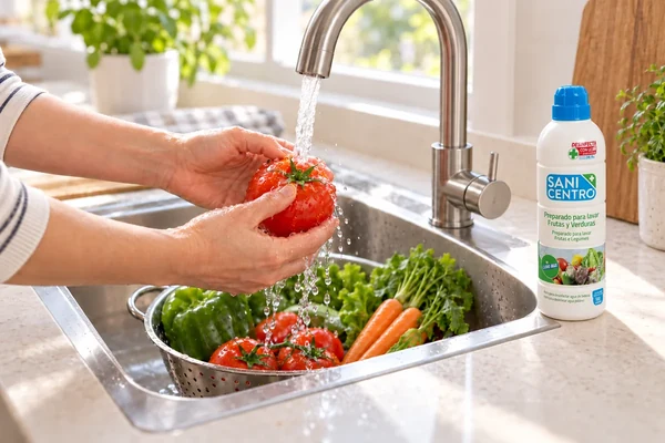 Manos lavando un tomate en el fregadero junto a un bote de Sanicentro para frutas y verduras.