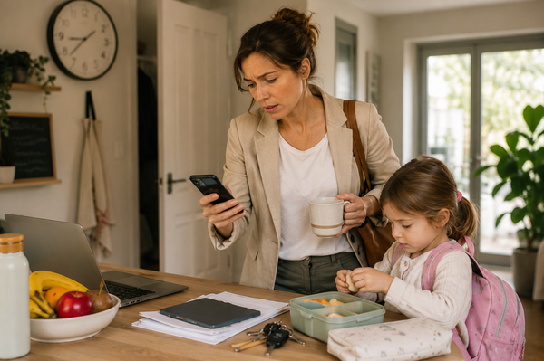 Madre consultando su móvil mientras sostiene una taza de café junto a su hija en la cocina.