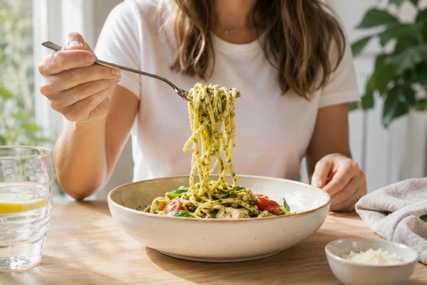 Mujer comiendo un plato de pasta con verduras en una mesa.