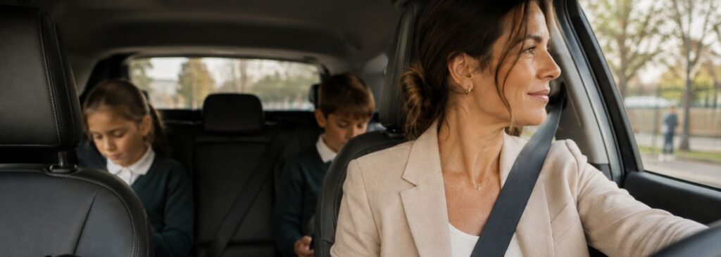 Mujer conduciendo un coche con dos niños en los asientos traseros.