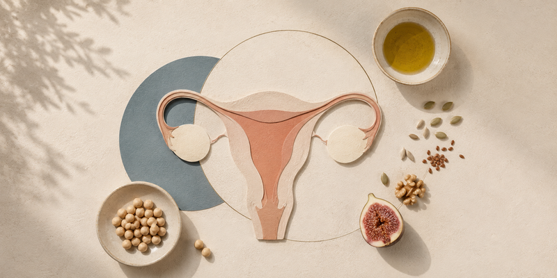 Ilustración sobre nutrición y salud femenina con un útero y ovarios rodeados de legumbres, semillas, nueces, higo y aceite.