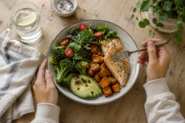 Plato con pollo, aguacate, brócoli, tomates y boniato como parte de una alimentación equilibrada.