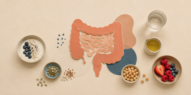 Ilustración sobre alimentación y salud digestiva con un intestino rodeado de yogur, frutos rojos, legumbres, semillas, agua y aceite.